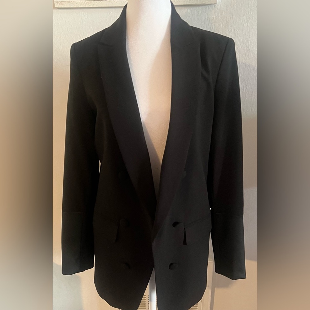 DKNY Double-Breasted Black leather cotton blend long Blazer NWot